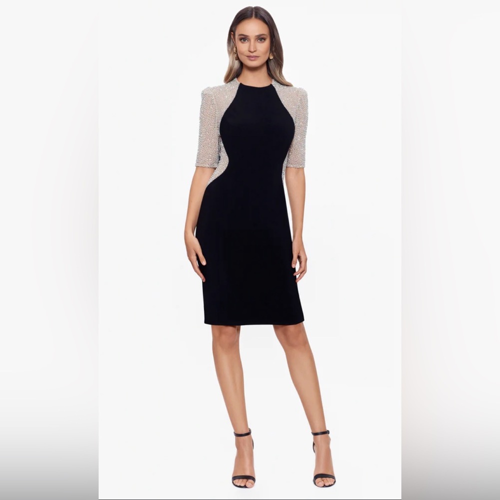 "HARLEY" SHORT JERSEY KNIT BEADED DRESS, Xscape, NWT, Black, Petite, Size 12P